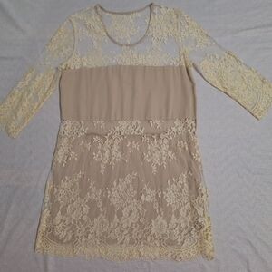 MASON Cream and Tan Long Sleeve Sheath Dress
